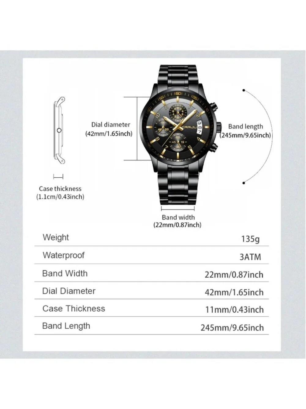 Stylish Men's Waterproof Chronograph Watch | Black Stainless Steel Band, Date